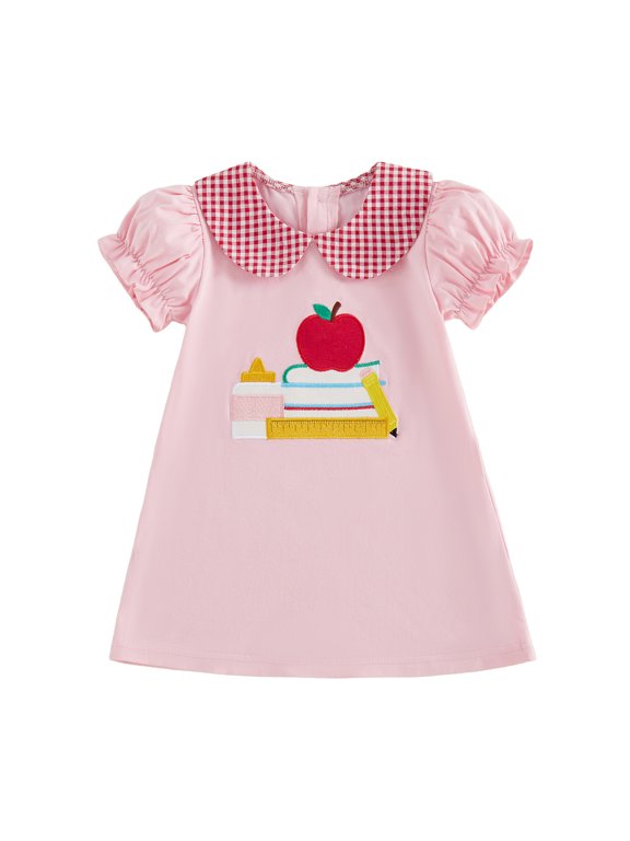 Toddler Baby Girl Back to School Dress Outfit Little Girl Pre Kindergarten Dress Outfit Apple Book Pencil Embroidered Short Sleeve Doll Collar A-line Dress Spring Summer Fall Clothes