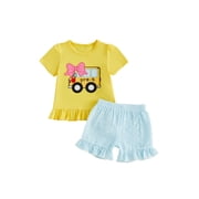 BemeyourBBs Toddler Baby Girl Back to School Outfit Baby First Day of School Kindergarten Outfit Baby Girl Summer Clothes Bow School Bus Embroidery Short Sleeve T Shirt Tops and Stripe Shorts Set