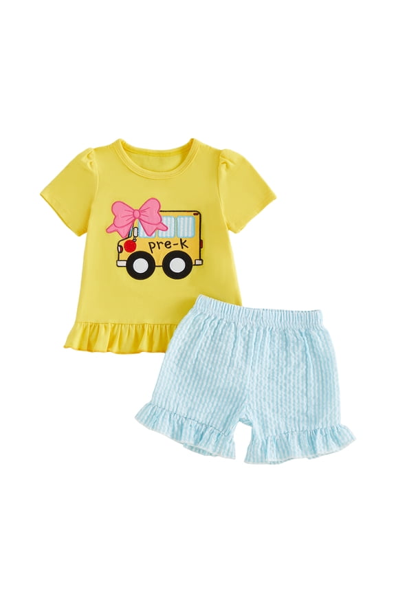 Toddler Baby Girl Back to School Outfit Baby First Day of School Kindergarten Outfit Baby Girl Summer Clothes Bow School Bus Embroidery Short Sleeve T Shirt Tops and Stripe Shorts Set