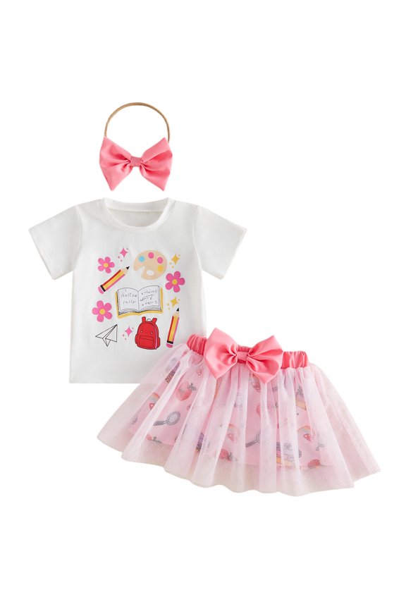 Toddler Baby Girl Back to School Outfit Floral Pencil Print Short Sleeve T Shirt Tops and Tulle Tutu Skirt Set Bow Headband 3 Pcs Infant Baby Girl Summer Clothes