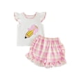 thumbnail image 1 of BemeyourBBs Toddler Baby Girl Back to School Outfit Kdis Baby Girls Kindergarten Outfits First Day of School Outfit Apple Pencil Embroidery Fly Sleeve T Shirt Tops and Plaid Shorts 2Pcs Set, 1 of 9
