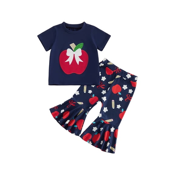 BemeyourBBs Toddler Baby Girl Back to School Outfit Kids Kindergarten Outfits Toddler Baby Girl Summer Clothes Short Sleeve Apple Embroidery TShirt Tops and Bell Bottom Flare Pants Set