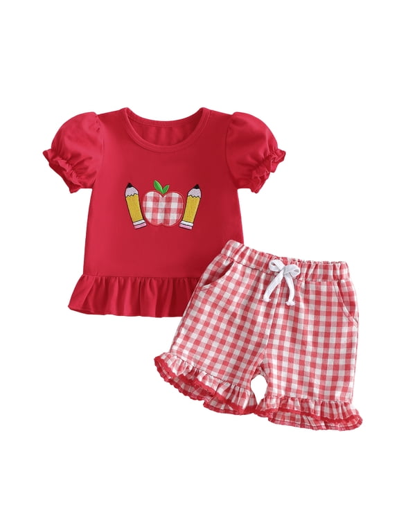 Toddler Baby Girl Back to School Outfits Pre Kindergarten Outfits Litttle Baby Girl Summer Clothes Cute Apple Pencil Embroidery Puff Short Sleeve Tops and Plaid Shorts Set