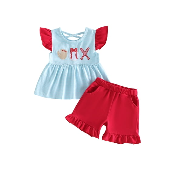 BemeyourBBs Toddler Baby Girl Baseball Outfit Striped Flying Sleeve Babydoll Tunic Shirt Tops and Pockets Ruffle Shorts Set Toddler Girl Summer Clothes