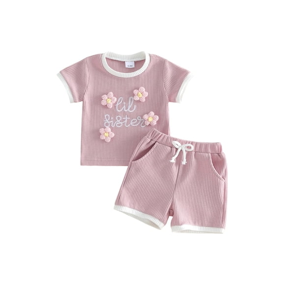 BemeyourBBs Toddler Baby Girl Big Sister Little Sister Matching Outfit Big Sis Little Sister Letters Short Sleeve 3D Flower Decor Waffled T Shirt Tops Pockets Shorts Set Toddler Girl Summer Clothes