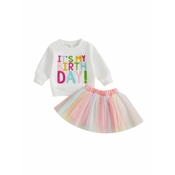 BemeyourBBs Toddler Baby Girl Birthday Dress Outfit 1 2 3 4 Years Old Birthday Tutu Skirt Set Letter Embroidery Long Sleeve Sweatshirt and Tulle Skirt Set Cute Kids Spring Fall Winter Clothes