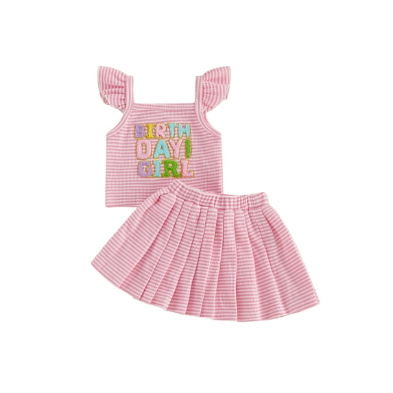 BemeyourBBs Toddler Baby Girl Birthday Outfit 1 2 3 4 5 Years Old Birthday Clothes Letter Embroidery Ruffled Fly Sleeve Striped Tank Tops Pleated Pleated Skirts Set 2Pcs Toddler Girl Summer Clothes