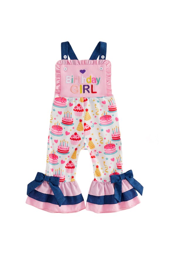 Toddler Baby Girl Birthday Overalls Romper Outfit 1 2 3 4 5 Years Birthday Girl Clothes Cake Heart Star Sleeveless Flare Pants Jumpsuit Bell Bottom
