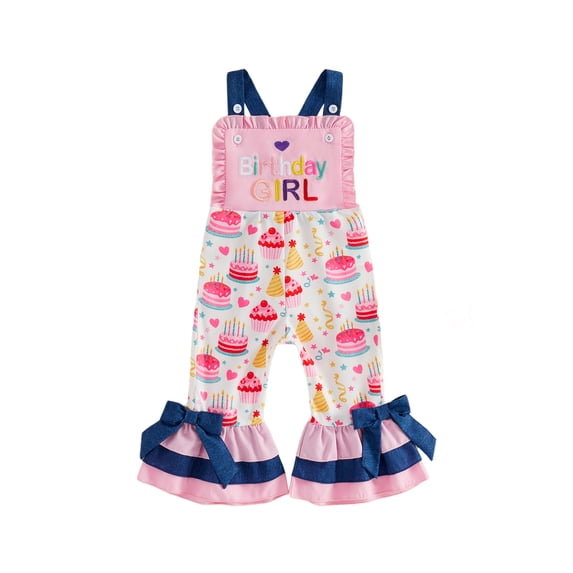 BemeyourBBs Toddler Baby Girl Birthday Overalls Romper Outfit 1 2 3 4 5 Years Birthday Girl Clothes Cake Heart Star Sleeveless Flare Pants Jumpsuit Bell Bottom