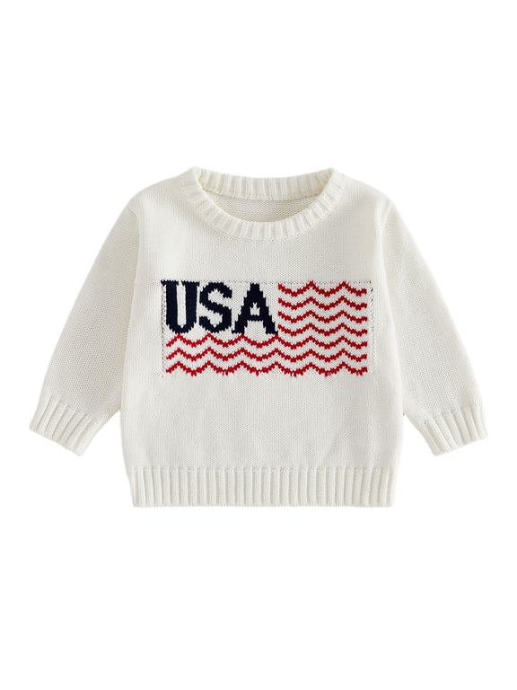 Toddler Baby Girl Boy 4th of July Outfit Spring Fall Winter Knit USA Flag Sweater Patriot Independent Day Clothes Newborn Infant Long Sleeve Crewneck Warm Sweaters Jumper Pullover Top
