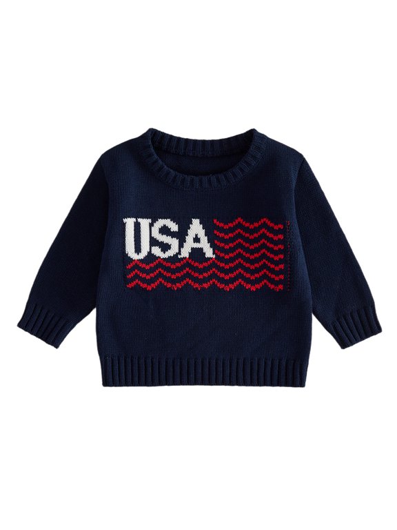 Toddler Baby Girl Boy 4th of July Outfit Spring Fall Winter Knit USA Flag Sweater Patriot Independent Day Clothes Newborn Infant Long Sleeve Crewneck Warm Sweaters Jumper Pullover Top