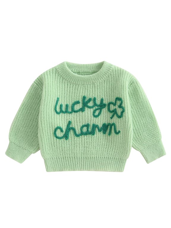 Toddler Baby Girl Boy St Patricks Day Sweater Outfits Irish Spring Fall Winter Sweaters Shamrock Letter Embroidery Long Sleeve Crew Neck Knitwear Pullover Tops