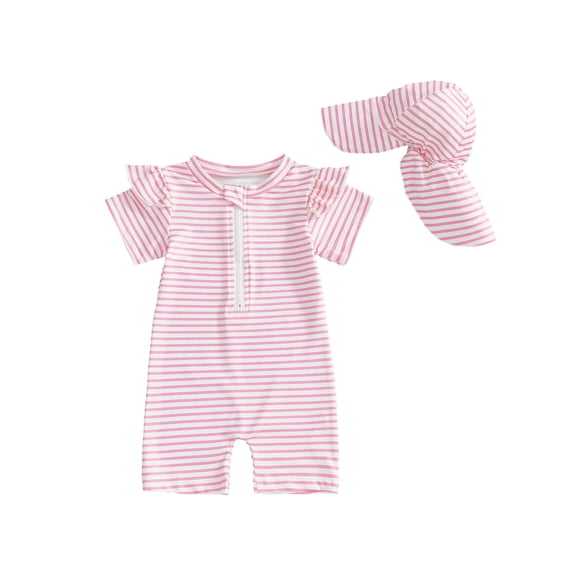 BemeyourBBs Toddler Baby Girl Boy Striped Swimsuit with Hat Set 2 Pcs Infant Bathing Suit Zip Up Ruffled Trim Short Sleeve One Piece Swimwear Summer Beachwear UPF 50+ Rash Guard