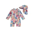 thumbnail image 1 of BemeyourBBs Toddler Baby Girl Boy Swimsuit with Sun Hat Infant Bathing Suit Coral Dinosaur Pawpaw Swim Ring Printed Long Sleeve Half Zipper Rash Guard Swimwear Summer Beachwear, 1 of 9