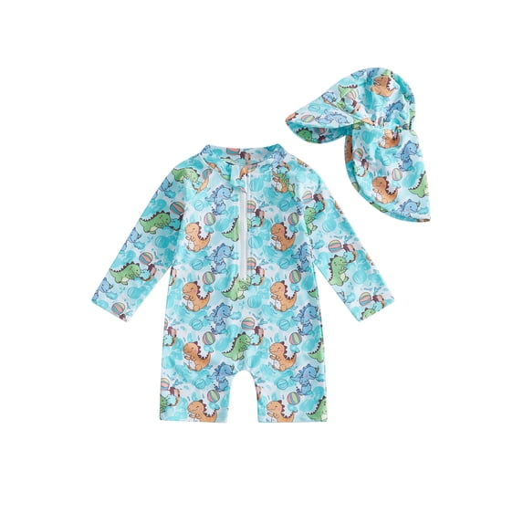 BemeyourBBs Toddler Baby Girl Boy Swimsuit with Sun Hat Infant Bathing Suit Coral Dinosaur Pawpaw Swim Ring Printed Long Sleeve Half Zipper Rash Guard Swimwear Summer Beachwear