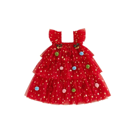 RUINIXCW Toddler Baby Girl Christmas Tree Dress Outfit Kids Girl Flying Sleeve Poms Decor Shinny Star Tutu Tulle Dress Little Girls Summer Fall Cake Smash Party Dress