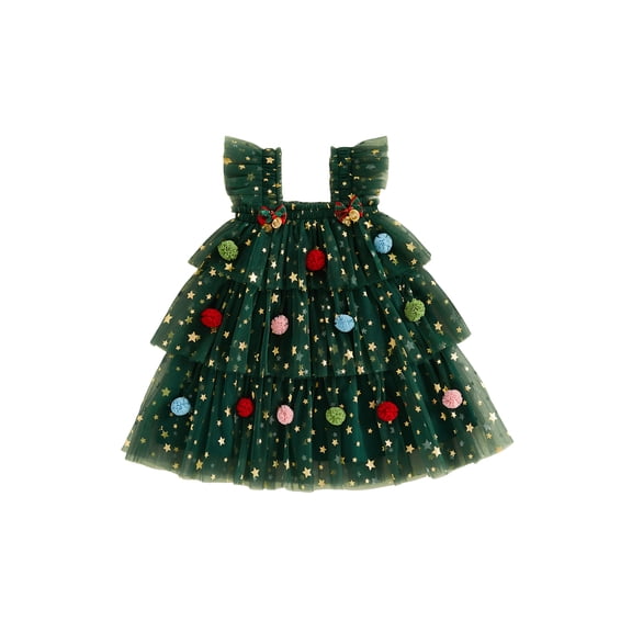 RUINIXCW Toddler Baby Girl Christmas Tree Dress Outfit Kids Girl Flying Sleeve Poms Decor Shinny Star Tutu Tulle Dress Little Girls Summer Fall Cake Smash Party Dress