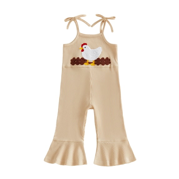 BemeyourBBs Toddler Baby Girl Cowgirl Outfit Western Baby Girl Summer Clothes Rooster Cow Romper Overalls Sleeveless Tie Shoulder Strap Farm Animal Embroidery Jumpsuit Bell Bottoms Flare Pants