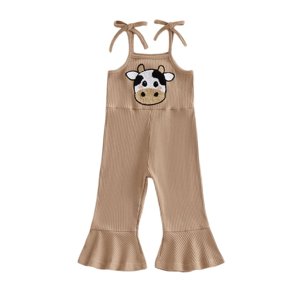 BemeyourBBs Toddler Baby Girl Cowgirl Outfit Western Baby Girl Summer Clothes Rooster Cow Romper Overalls Sleeveless Tie Shoulder Strap Farm Animal Embroidery Jumpsuit Bell Bottoms Flare Pants