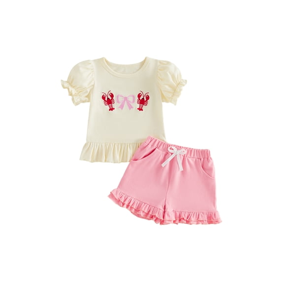 BemeyourBBs Toddler Baby Girl Crayfish Outfit Infant Baby Girl Summer Clothes Cute Lobster Bow Embroidered Puff Short Sleeve Ruffled TShirt Tops and Shorts Set Toddler Girls 2 Piece Summer Outfit
