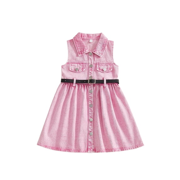 BemeyourBBs Toddler Baby Girl Denim Dress with Belt Summer Western Baby Girl Cowgirl Outfit Pink Button Down Turn Down Neck Sleeveless A Line Dress