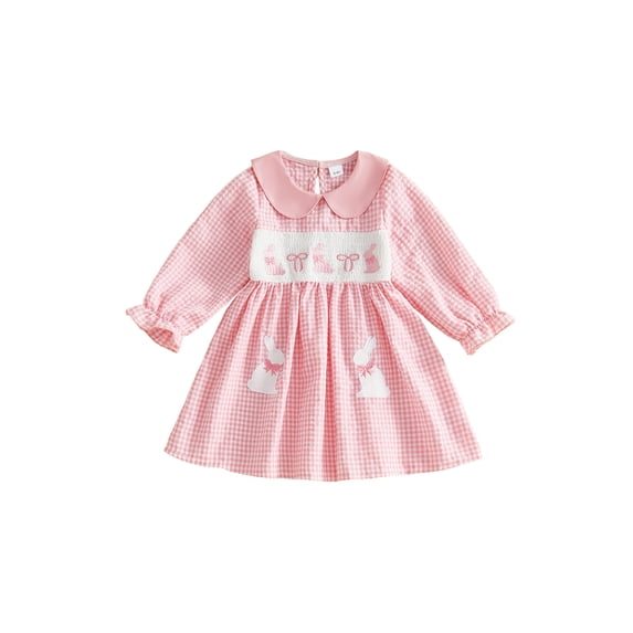 BemeyourBBs Toddler Baby Girl Easter Bunny Dress Outfits Spring Summer Smocked Plaid Gingham Dress Casual Rabbit Carrot Embroidered Doll Collar Bubble Long Sleeve A Line Dress
