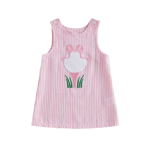 BemeyourBBs Toddler Baby Girl Gold Dress Outfits Summer Tank Overall Dress Golf Bow Embroidery Stripe Sleeveless Round Neck A-Line Dress
