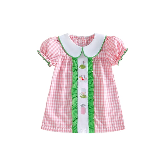 BemeyourBBs Toddler Baby Girl Golf Dress Clothes Cute Infant Baby Girls Summer Outfit Puff Short Sleeve Doll Collar Golf Themed Embroidery Plaid Print A Line Dress