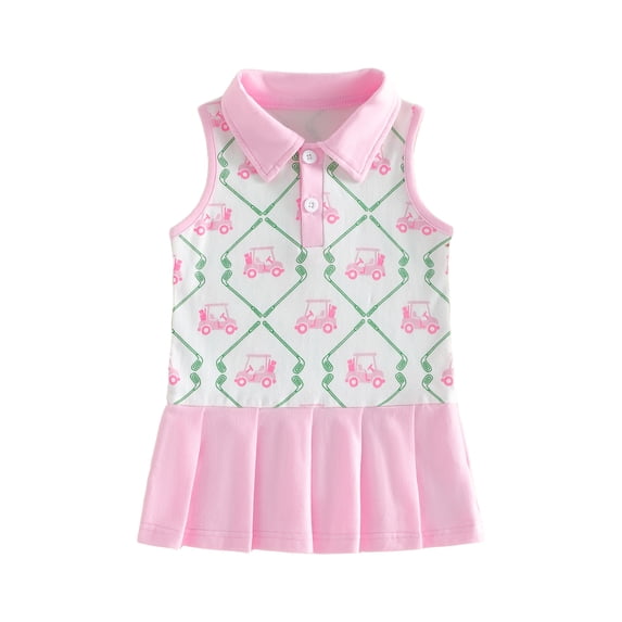 BemeyourBBs Toddler Baby Girl Golf Dress Outfit Infant Girls Summer Fall Dress Golf-themed Embroidered Half Button Up Lapel V Neck Sleeveless Pleated Hem Dress