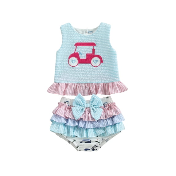 BemeyourBBs Toddler Baby Girl Golf Outfit Cute Infant Baby Girls Summer Clothes Golf Cart Embroidery Stripe Print Ruffled Tank Tops with Tiered Skirt Shorts 2Pcs Set