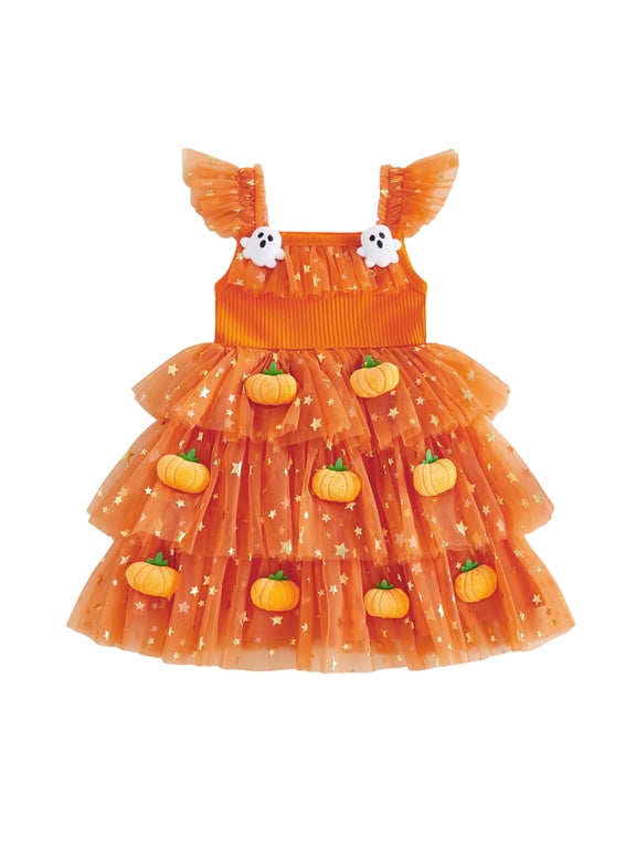 Toddler Baby Girl Halloween Dress Outfit Flying Sleeve 3D Pumpkin Ghost Decor Shinny Star Tutu Tulle Dress Little Girls Summer Fall Cake Smash Party Dress