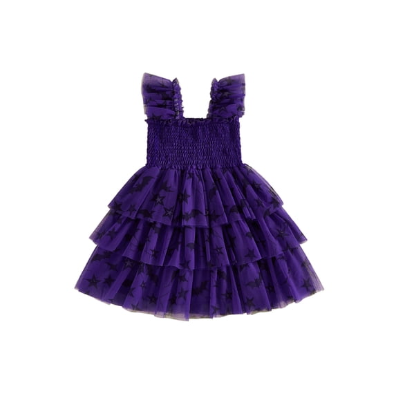 BemeyourBBs Toddler Baby Girl Halloween Dress Outfit Kids Girl Fall Smocked Dress Flying Sleeve Ghost Bat Maple Leaves Printed Tutu Tulle Dress Little Girls Summer Fall Cake Smash Party Dress