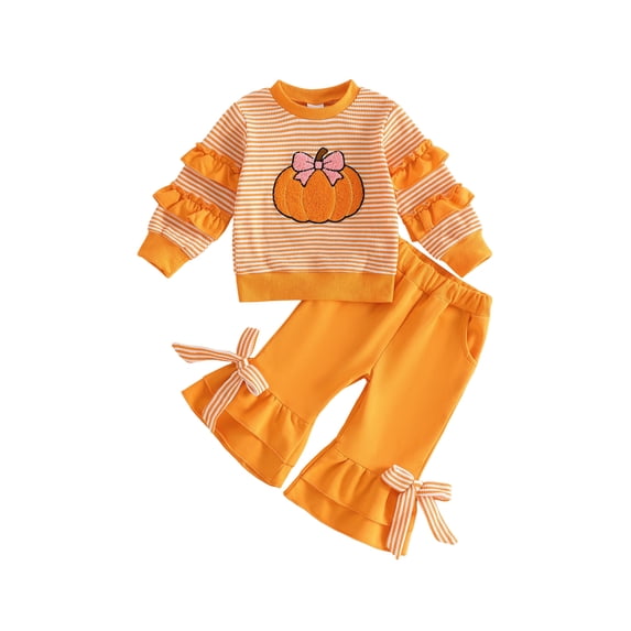 BemeyourBBs Toddler Baby Girl Halloween Thanksgiving Outfit Baby Girl Fall Winter Clothes Ruffled Long Sleeve Pumpkin Embroidery Striped Pullover Sweatshirt Tops with Bell Bottom Flare Pants Set