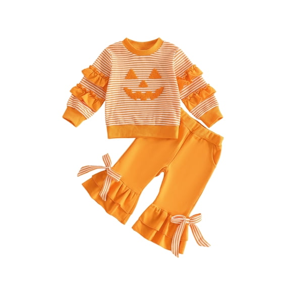 BemeyourBBs Toddler Baby Girl Halloween Thanksgiving Outfit Baby Girl Fall Winter Clothes Ruffled Long Sleeve Pumpkin Embroidery Striped Pullover Sweatshirt Tops with Bell Bottom Flare Pants Set