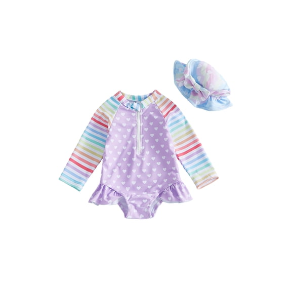 BemeyourBBs Toddler Baby Girl Heart Swimsuit Infant Bathing Suit One-Piece Swimsuits With Sun Hat Set Ruffle Rash Guard Long Sleeve Swimwear Summer Beach Wear
