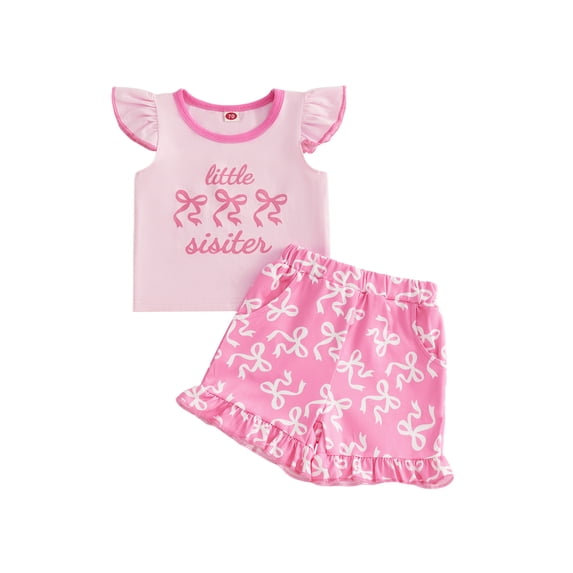 BemeyourBBs Toddler Baby Girl Little Sister Big Sister Matching Outfit 2 Piece Baby Girl Summer Clothes Cute Bow Flying Sleeve T-shirts and Ruffle Shorts Set