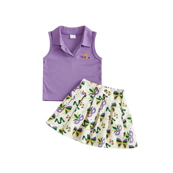 BemeyourBBs Toddler Baby Girl Mardi Gras Outfit Carnival Summer Clothes Sleeveless Lapel Collar Solid Color/Striped Vest Tank Tops Pleated Skirt Set