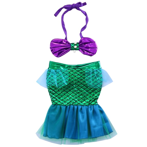 Svuitmsl Toddler Baby Girl Mermaid Tail Swimsuit Holiday Beach Outfit Halter Bow Crop Top Green Mesh Mermaid Skirt Set Halloween Cosplay Photo Shoot Costumes