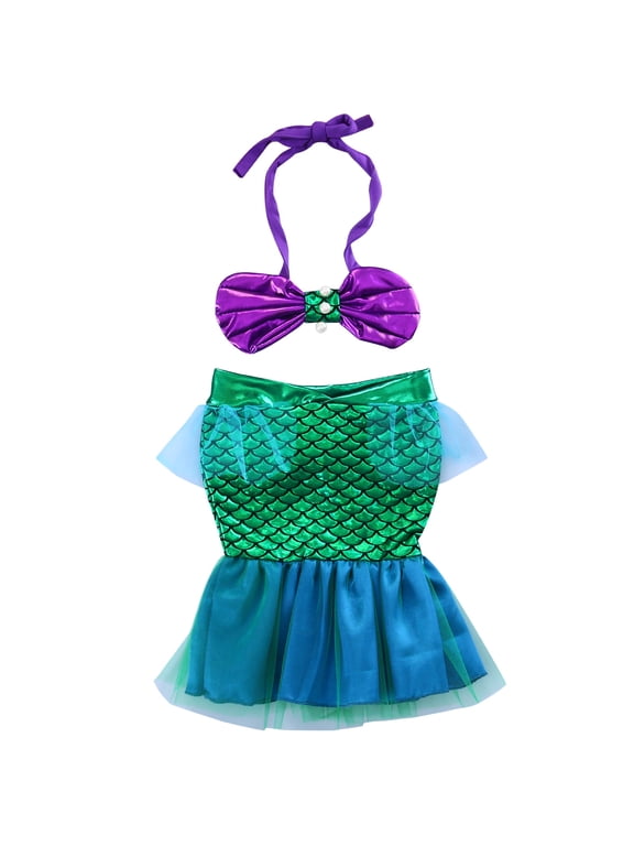 Toddler Baby Girl Mermaid Tail Swimsuit Holiday Beach Outfit Halter Bow Crop Top Green Mesh Mermaid Skirt Set Halloween Cosplay Photo Shoot Costumes