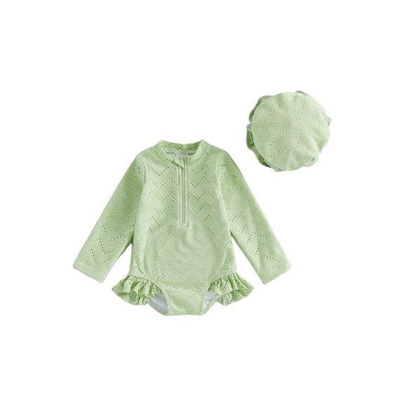 BemeyourBBs Toddler Baby Girl One Piece Eyelet Swimsuit with Sun Hat Newborn Infant Girls Bathing Suit Long Sleeve Rash Guard Swimwear Hollow Out Zipper Ruffled Summer Beachwear
