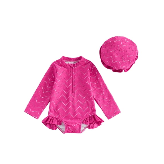 BemeyourBBs Toddler Baby Girl One Piece Eyelet Swimsuit with Sun Hat Newborn Infant Girls Bathing Suit Long Sleeve Rash Guard Swimwear Hollow Out Zipper Ruffled Summer Beachwear