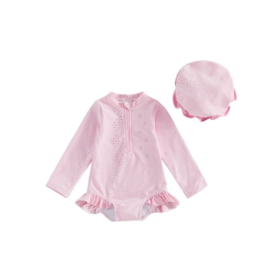 BemeyourBBs Toddler Baby Girl One Piece Eyelet Swimsuit with Sun Hat Newborn Infant Girls Bathing Suit Long Sleeve Rash Guard Swimwear Hollow Out Zipper Ruffled Summer Beachwear