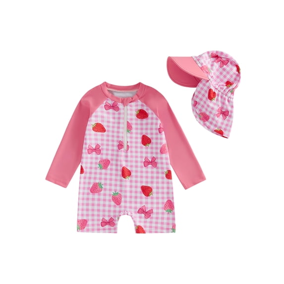 BemeyourBBs Toddler Baby Girl One Piece Swimsuit with Hat Infant Baby Bathing Suit Rash Guard Strawberry Bow Cherry Print Long Sleeves Front Zipper Swimwear Summer Beachwear