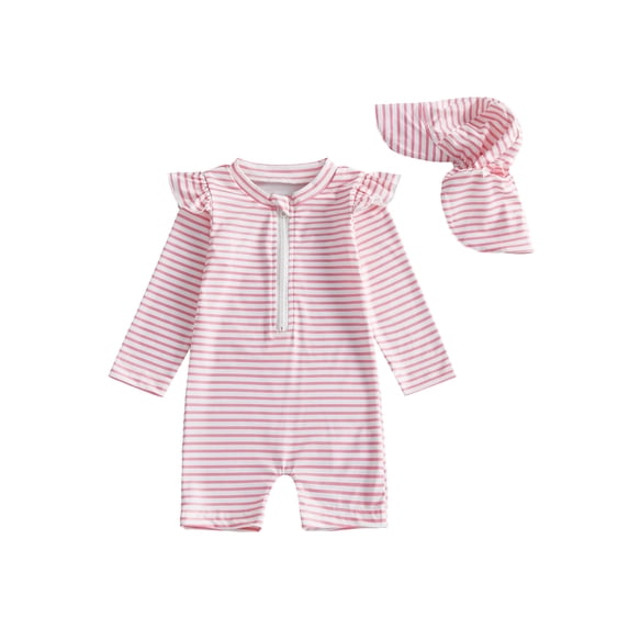 BemeyourBBs Toddler Baby Girl One Piece Swimsuit Kids Newborn Infant Bathing Suit Long Sleeve Striped Rash Guard Half Zipper Swimwear Sunhat Set UPF 50+