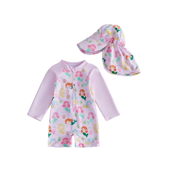 BemeyourBBs Toddler Baby Girl One Piece Swimsuit Kids Newborn Infant Bathing Suit Mermaid Duck Swimsuits Long Sleeve Rash Guard Half Zipper Swimwear Sunhat Set UPF 50+
