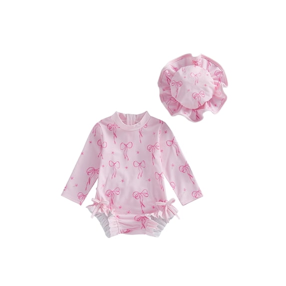 BemeyourBBs Toddler Baby Girl One Piece Swimsuit with Sun Hat Infant Baby Girl Bathing Suit Rash Guard Bow Print Long Sleeve Round Neck Ruffle Swimwear Summer Pool Beachwear