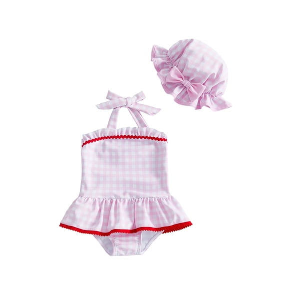 BemeyourBBs Toddler Baby Girl One Piece Swimsuit With Sun Hat Infant Girls Bathing Suit Cute Plaid Print Sleeveless Halter Swiming Skirt Swimwear Summer Pool Beachwear