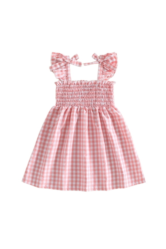 Toddler Baby Girl Pink Gingham Plaid Dress Little Baby Girl Summer Smocked Dress 12 18 24 Months 2 3 4 5 Years Bow Flutter Sleeve Plaid Checkered Casual Beach Holiday Dress