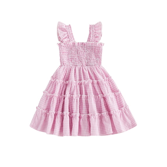 BemeyourBBs Toddler Baby Girl Plaid Gingham Dress Little Girl Summer Smocked Sundress Ruffled Trim Flying Sleeve A Line Casual Dress