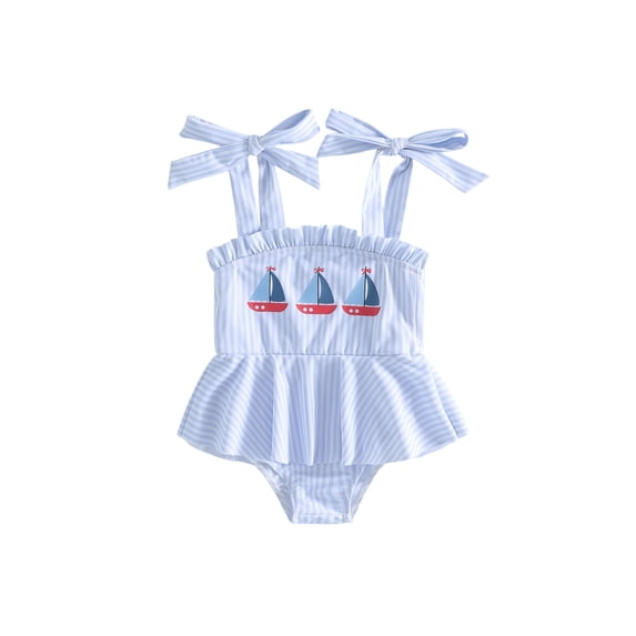 BemeyourBBs Toddler Baby Girl Sailboat Swimsuit Infant Bathing Suit Summer One Piece Swimwear Cute Sailboat Print Strap Tie Up Sleeveless Beachwear